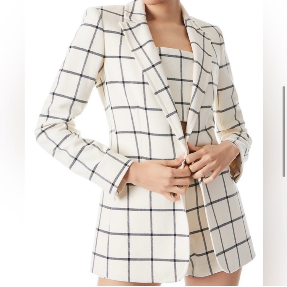 Alice and Olivia Breann Padded Shoulder Blazer Sz 12 Window Pane Plaid White - Picture 4 of 11